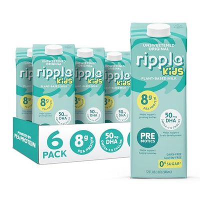 Ripple Kids Unsweetened Plant Based Milk | 8g of Quality Sourced Pea Protein, Calcium Rich | Shelf Stable | Vegan &amp; Non GMO | Dairy, Soy, Nut, Gluten, &amp; Lactose Free | 32 Fl Oz Cartons (Pack of 6)