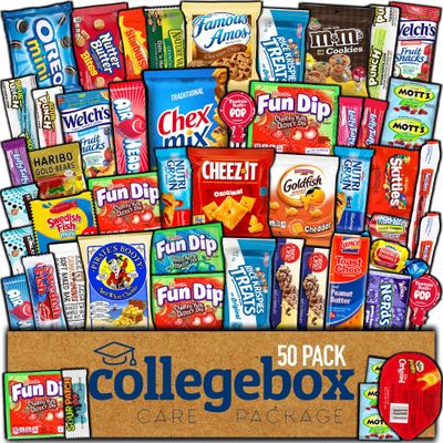 COLLEGEBOX Snack Box (50 Count) Valentines Day Variety Pack Care Package Gift Basket Adult Kid Guy Girl Women Men Birthday College Student Office School