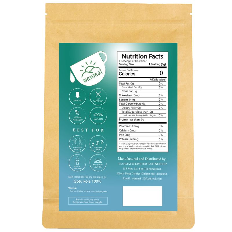 WANMAI29 Gotu kola Tea Bags, 30-Count, Natural Sugar Free Drink, Supports Vegan and Ketogenic Diets, No Caffeine or Harsh Additives, 100% Real Herb in Kraft Steeping Bag