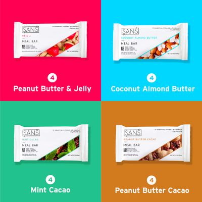 SANS Meal Replacement Protein Bar, Gluten Free, Healthy High Protein Snacks, High Fiber, No Sugar Added, Dairy Free, Soy Free, Variety Pack, 12 Bars