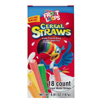 2024 Kellogg's Cereal Straws Froot Loops Edible Breakfast Straw Alternatives for Milk, 90's Childhood Nostalgic Treat for Drinking and Eating, Cereals for Kids, Pack of 3, 18 Count