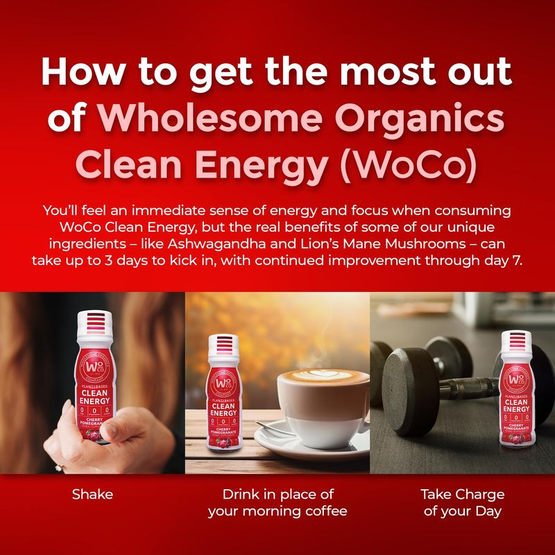 Wholesome Organics - Sugar Free Energy Shots Extra Strength Natural &amp; Healthy Energy Drinks - Plant-Based Energy Supplements w/Vitamin B12 Lion's Mane &amp; Yerba Mate - Cherry Pomegranate Flavor 12 Pack