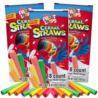 2024 Kellogg&#39;s Cereal Straws Froot Loops Edible Breakfast Straw Alternatives for Milk, 90&#39;s Childhood Nostalgic Treat for Drinking and Eating, Cereals for Kids, Pack of 3, 18 Count
