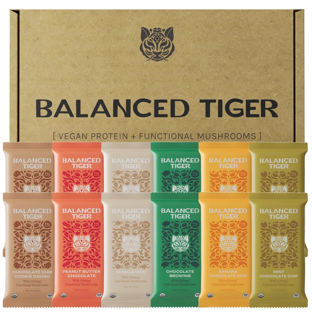 Organic Functional Mushroom Protein Bars | Made in USA | Full Dose (1500mg) Lions Mane, Chaga, Reishi &amp; Cordyceps Bars | Vegan Protein Bars, Adaptogens, Superfoods Protein Bars | 12 Bars Variety Box