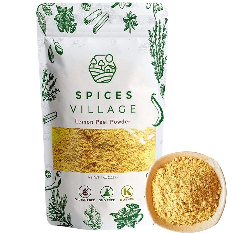 SPICES VILLAGE Lemon Peel Powder (4 Oz) - Natural Dried Purely Ground Citrus Fruit Zest, Dry Lime Powder for Baking Cooking and Herb Tea - Certified Kosher, Gluten Free, Non GMO, Vegan, Resealable Bag