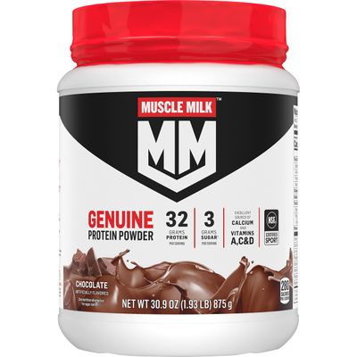 Muscle Milk Genuine Protein Powder, Chocolate, 1.93 Pounds, 12 Servings, 32g Protein, 3g Sugar, Calcium, Vitamins A, C &amp; D, NSF Certified for Sport, Energizing Snack, Packaging May Vary