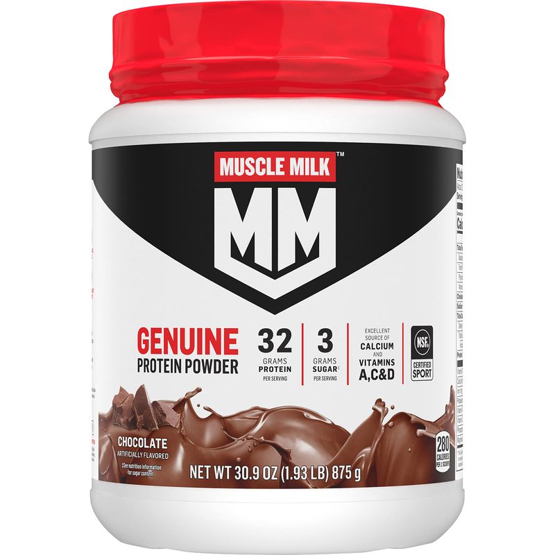 Muscle Milk Genuine Protein Powder, Chocolate, 1.93 Pounds, 12 Servings, 32g Protein, 3g Sugar, Calcium, Vitamins A, C &amp; D, NSF Certified for Sport, Energizing Snack, Packaging May Vary