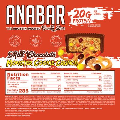 Anabar Protein Bar, The Protein-Packed Candy Bar, Amazing Tasting Protein Bar, No Sugar Alcohols, Real Food, Amazingly Delicious (12 Bars, Milk Chocolate Monster Cookie Crunch)
