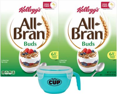 Kellogg&#39;s All-Bran Buds Cereal, 22 Ounce Box (Pack of 2) with By The Cup Cereal Bowl