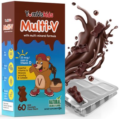 YUM-V&#39;S - Kids Multivitamin Chewable Chocolate Bears - Multivitamin for Kids Supplement - 16 Vitamins &amp; Minerals - Vitamins Including D, Zinc, C, B Complex &amp; More, 60 Count Pack of 1