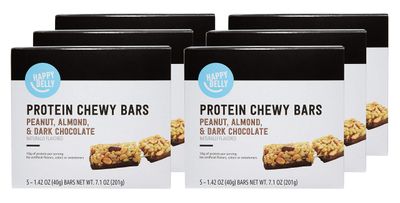 Amazon Brand - Happy Belly Protein Chewy Bars, Peanut, Almond and Dark Chocolate, 5 Count (Pack of 6)