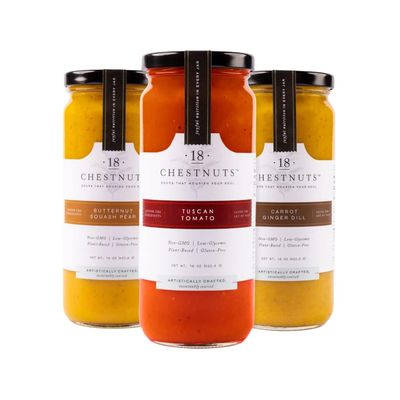 18 Chestnuts Plant Based Soup - Carrot Ginger Dill, Tuscan Tomato, and Butternut Squash Pear Soup Bundle, Plant Based &amp; Gluten Free - 3 Jars (16oz)