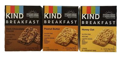 KIND Breakfast Bar Variety Bundle: Dark Chocolate Cocoa, Peanut Butter, Oats &#39;n Honey (1 box of each)