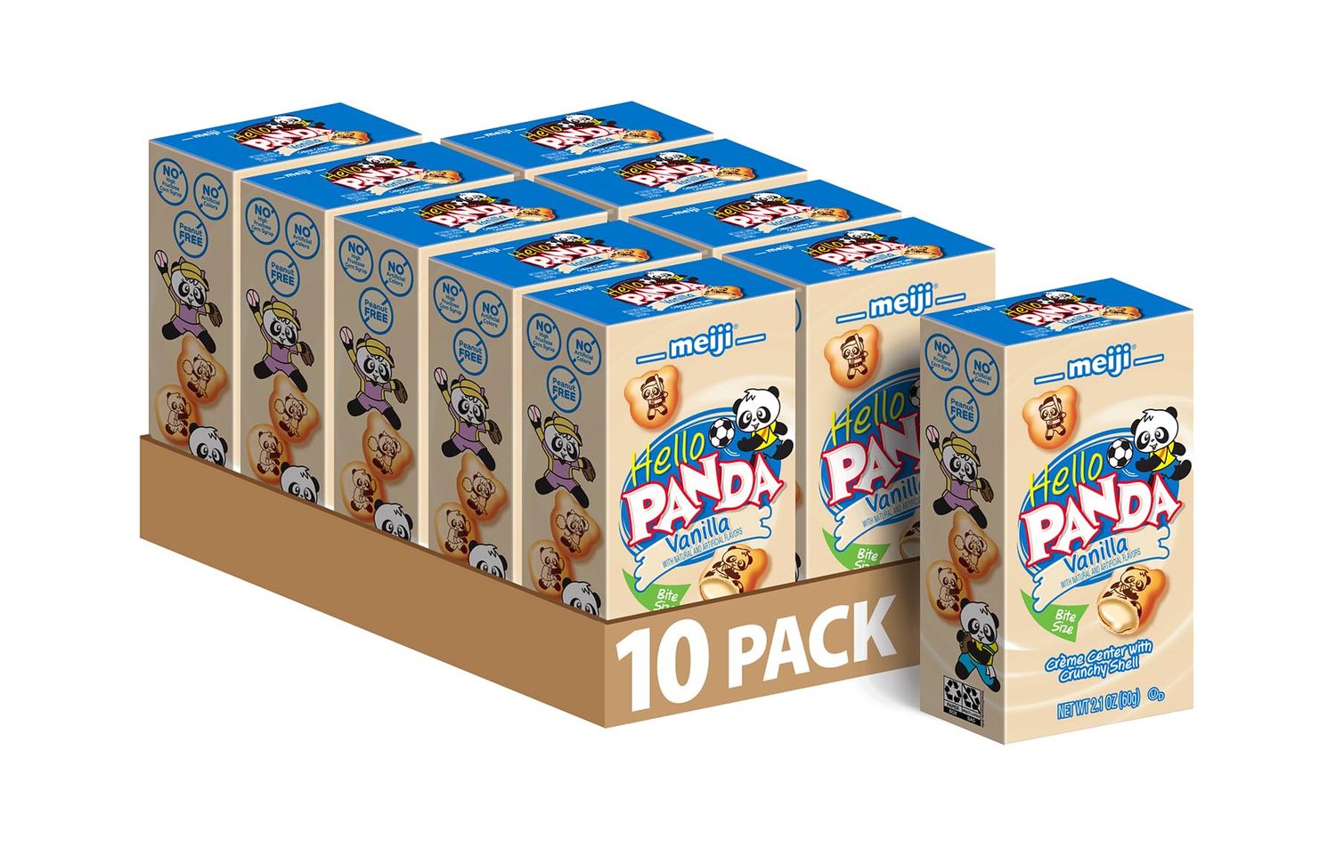 MEIJI Hello Panda Cookies, Vanilla Crme Filled - 2.1 oz, Pack of 10 - Bite Sized Cookies with Fun Panda Sports