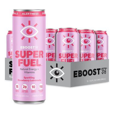 EBOOST Super Fuel Natural Energy Drink - Strawberry Lemonade - 12 Pack x 11.5 Fl Oz - Natural Caffeine from Coffee &amp; Green Tea - Essential Electrolytes, Nootropics &amp; Vitamins - Sports Preworkout Drink