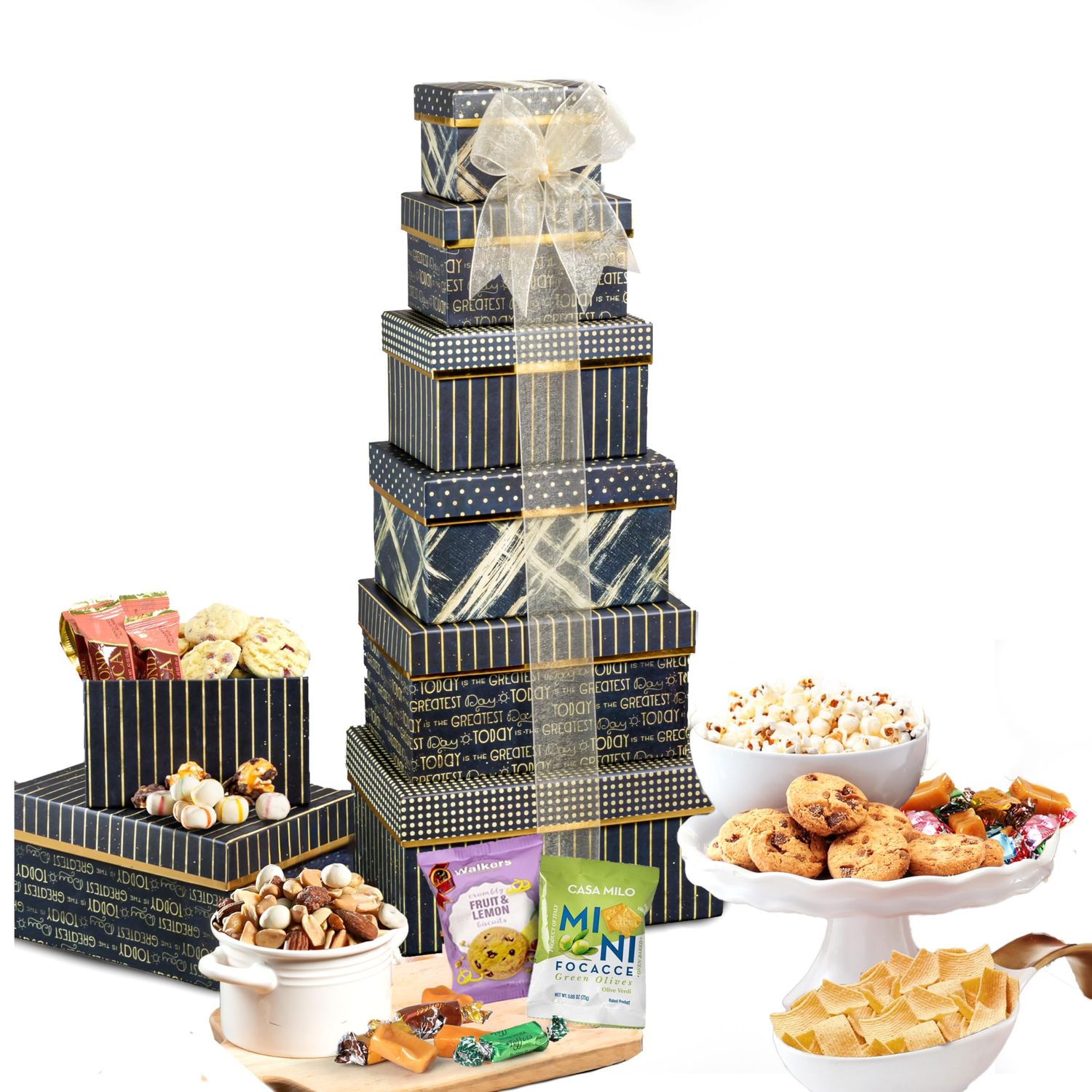 Broadway Basketeers Gourmet Food Gift Basket 6 Box Tower for Birthdays - Curated Snack Box, Sweet and Savory Treats for Parties, Best Wishes, Birthday Presents for Women, Men, Mom, Dad, Her, Him,