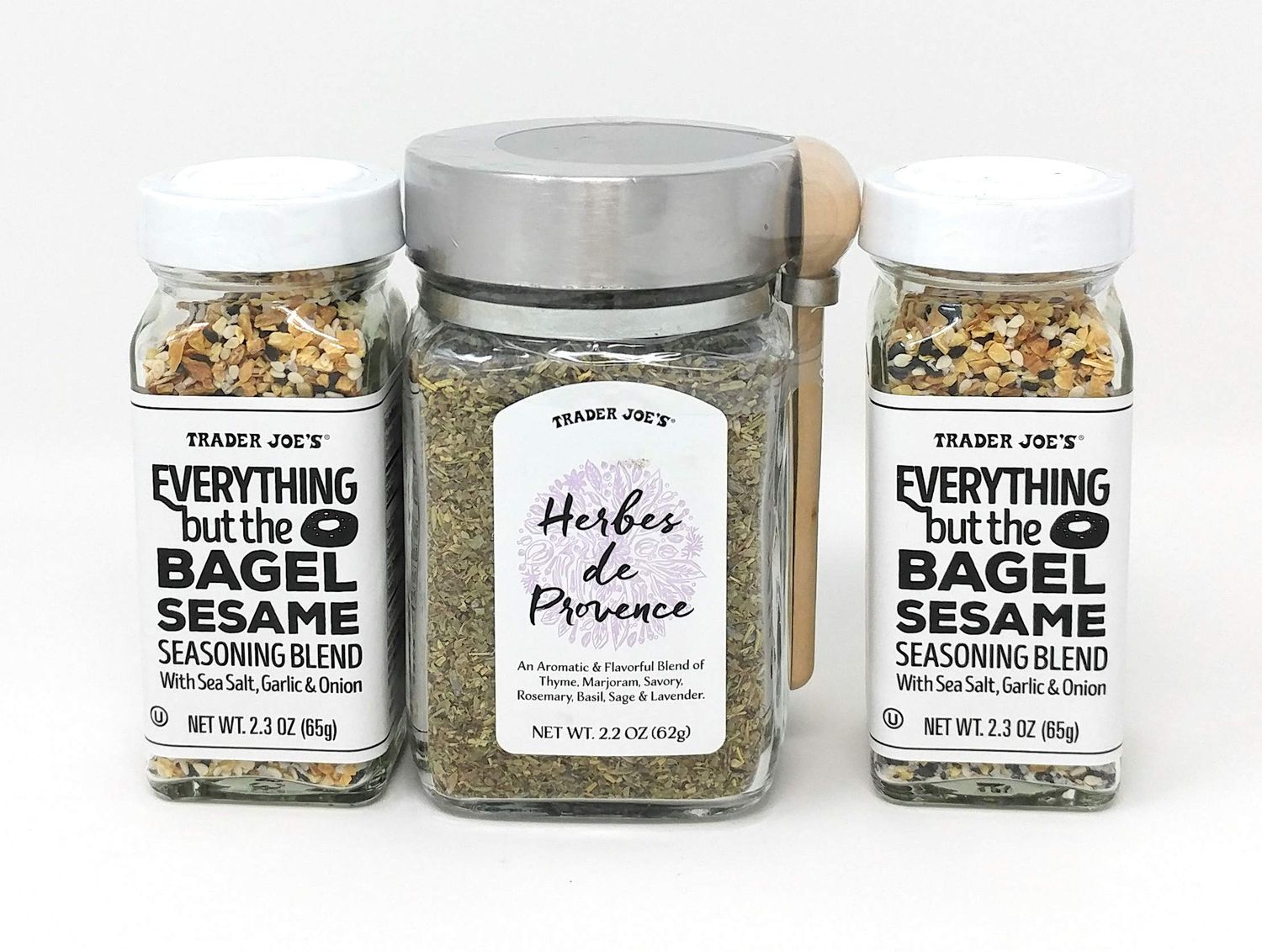 HOLIDAY BUNDLE OF 3: Trader Joe&#39;s - Herbes de Provence Spice Mix Jar with Attached Spoon. 2.2 Oz. &amp; Everything but The Bagel Sesame Seasoning Blend (Pack of 2)
