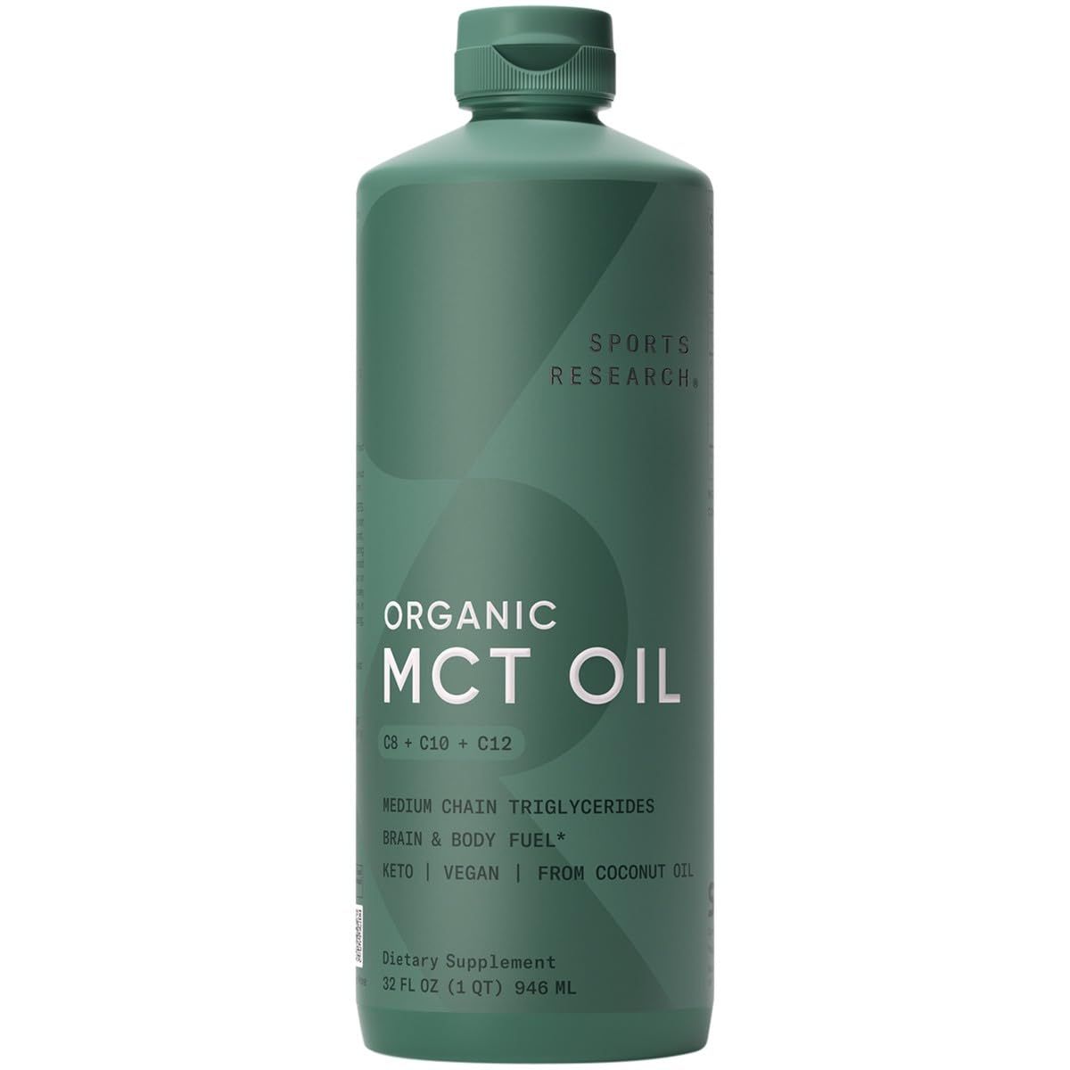 Sports Research Keto MCT Oil from Organic Coconuts - Fatty Acid Fuel for Body + Brain Triple Ingredient C8, C10, C12 MCTs Perfect in Coffee, Tea, &amp; More Non-GMO Vegan Unflavored (32 Oz)