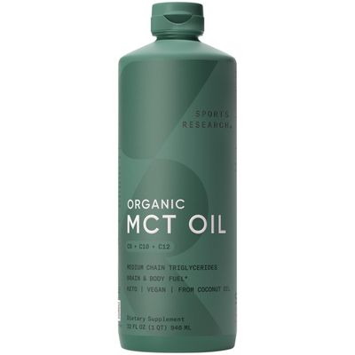 Sports Research Keto MCT Oil from Organic Coconuts - Fatty Acid Fuel for Body + Brain Triple Ingredient C8, C10, C12 MCTs Perfect in Coffee, Tea, &amp; More Non-GMO Vegan Unflavored (32 Oz)