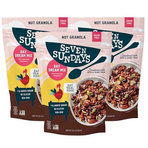 Seven Sundays Nut Granola Cereal, Day Dream Dark Chocolate Raspberry, 20 Oz Bag (Pack of 3), Grain &amp; Gluten Free, 4g Protein, 5g Net Carbs, Keto Friendly