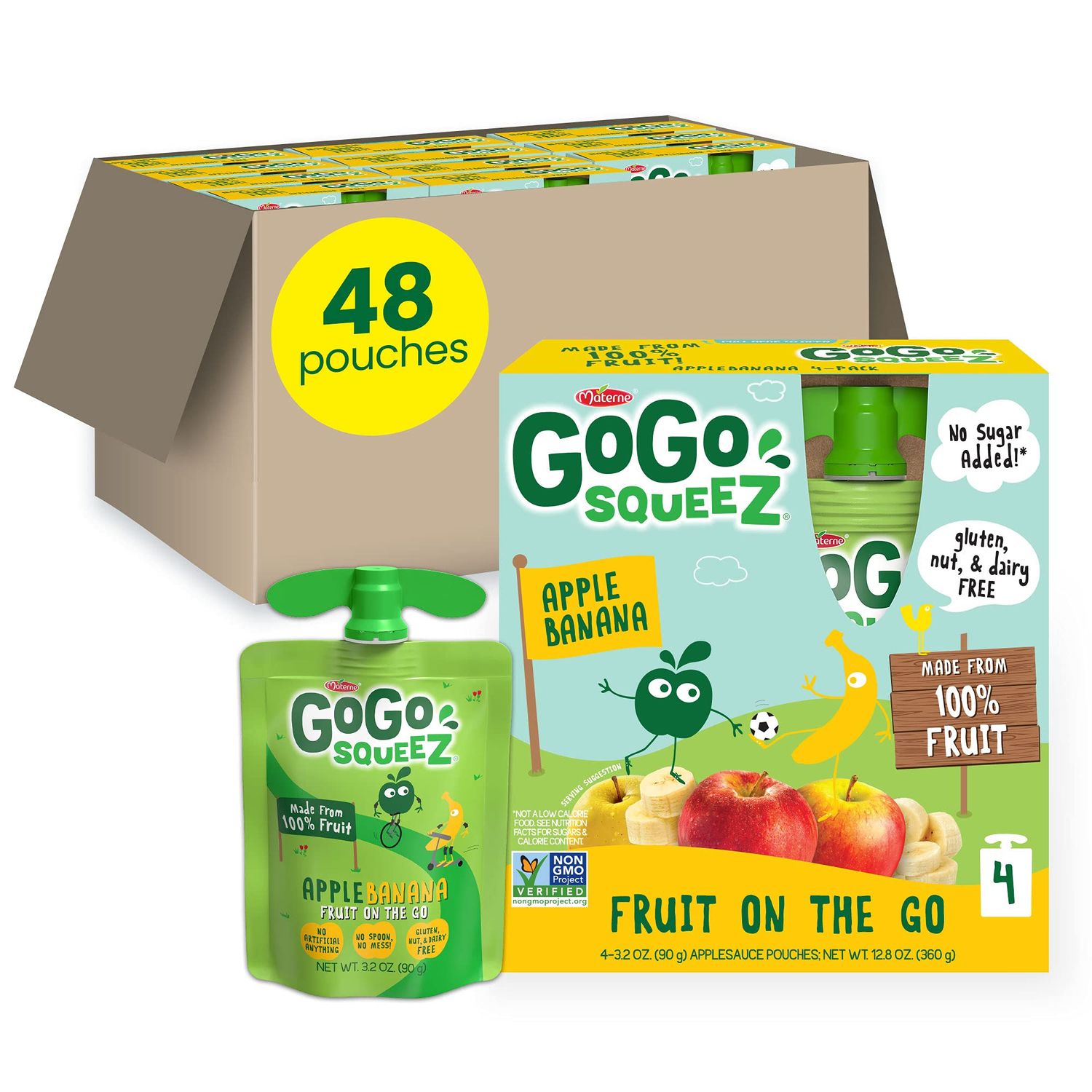 GoGo squeeZ Fruit on the Go, Apple Banana, 3.2 oz (Pack of 48), Unsweetened Fruit Snacks for Kids, Gluten Free, Nut Free and Dairy Free, Recloseable Cap, BPA Free Pouches