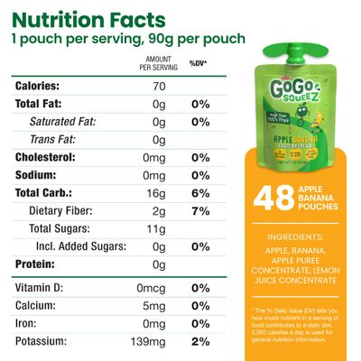 GoGo squeeZ Fruit on the Go, Apple Banana, 3.2 oz (Pack of 48), Unsweetened Fruit Snacks for Kids, Gluten Free, Nut Free and Dairy Free, Recloseable Cap, BPA Free Pouches