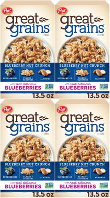 Post Great Grains Blueberry Morning Breakfast Cereal, Non GMO Project Verified, Heart Healthy, Low Fat, Whole Grain Cereal 13.5 Ounce (Pack of 4)