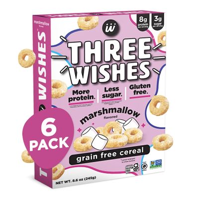 Protein and Gluten Free Breakfast Cereal by Three Wishes (6-Pack) - Marshmallow - 8g of Protein and 3g of Sugar Snack - Kosher, Grain-Free, Dairy-Free, Vegan and Peanut-Free - Non-GMO