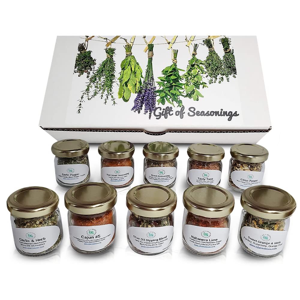 C&amp;J Farms Texas Gourmet Artisan Seasonings Gift of Seasonings Gift Set- 10 Pc. Variety Sampler Box- Natural Herbs, Spices, and Salts for Kitchen Rack