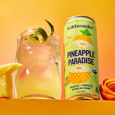 wildwonder Sparkling Probiotic Drink For Gut Health &amp; Immune Support, Pineapple Paradise, 5g Prebiotic Fiber, Live Probiotics, Organic, Vegan, Low Sugar, 12 Pack, 12oz Can, As Seen on Shark Tank