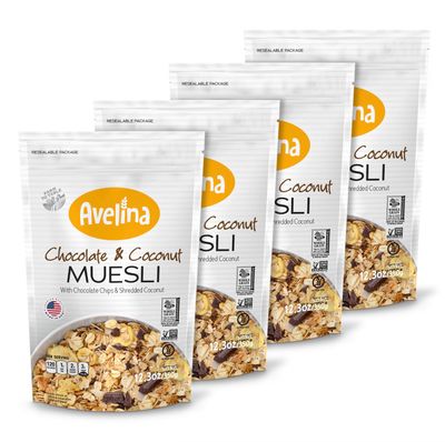 Avelina Gluten Free Muesli Chocolate &amp; Coconut - Healthy Oatmeal-Based Cereal - Kosher, Non-Gmo - (12.7 oz, 4-Pack)