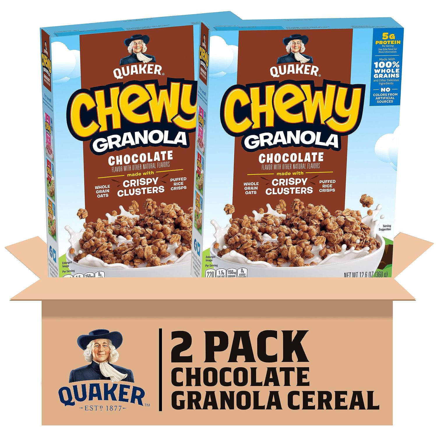 Quaker Chewy Granola Breakfast Cereal, Chocolate, 13.6oz Box, (2 Pack)