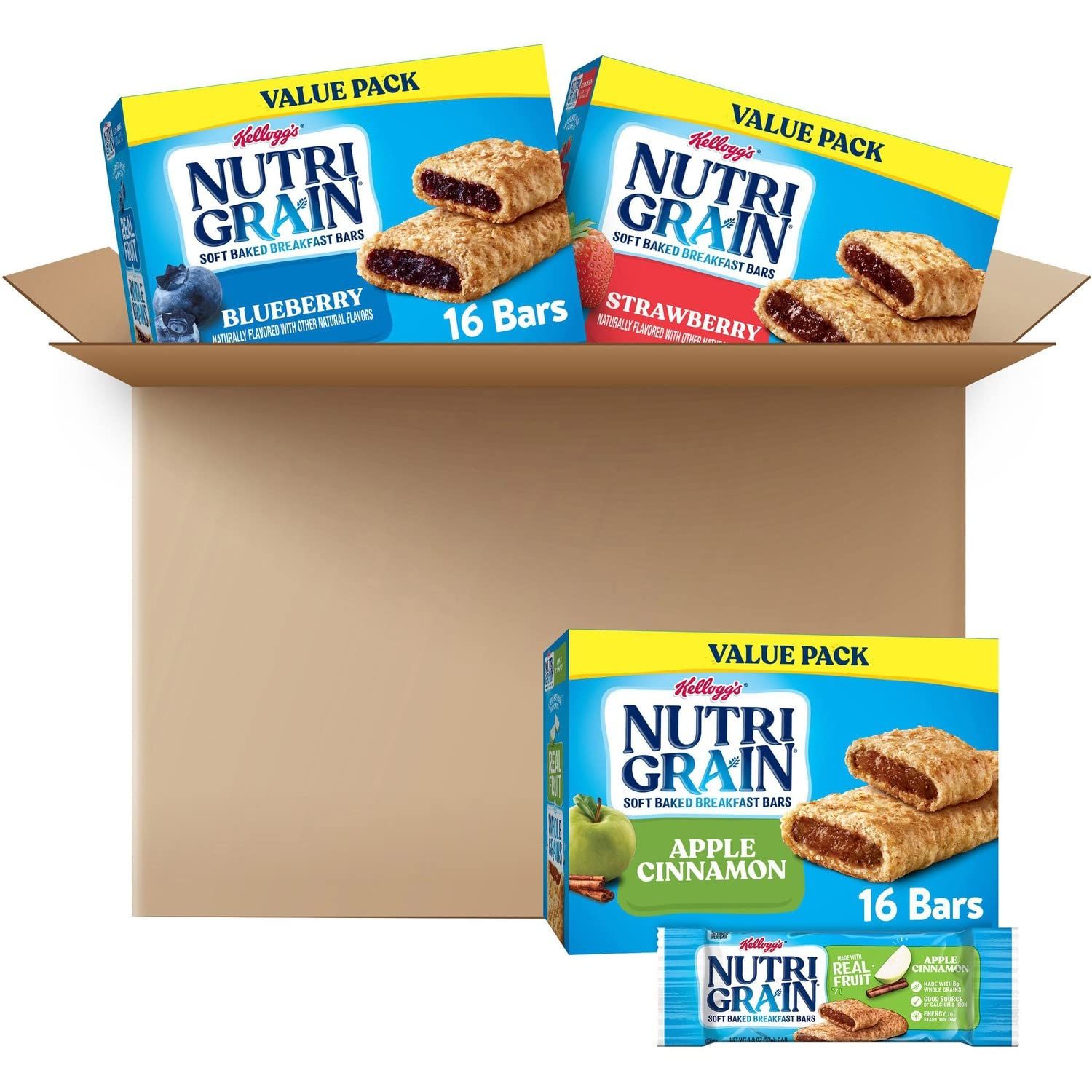 Kellogg&#39;s 05872 Nutri-Grain Cereal Bars, Asstd: Apple, Blueberry, Strawberry, 1.3oz Bar, 48/Ctn