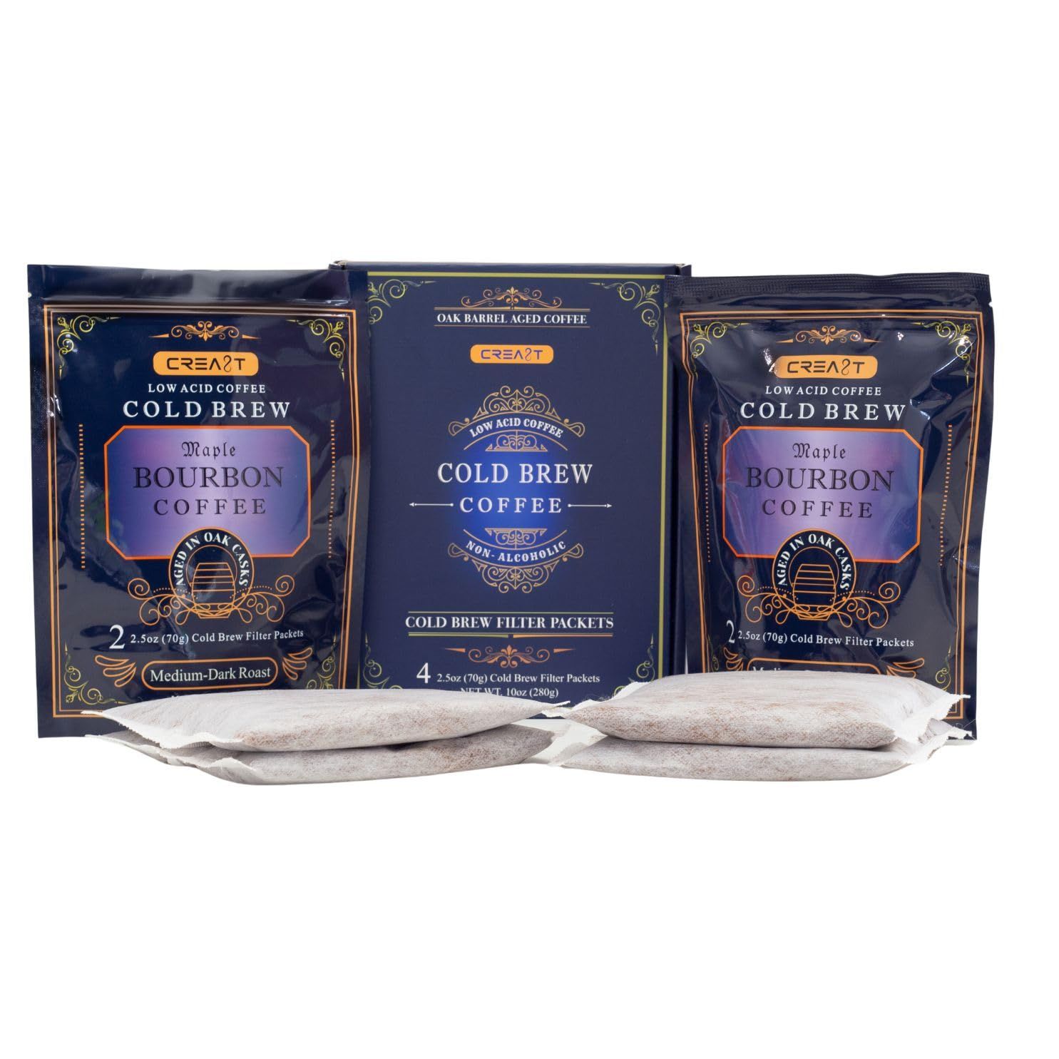 CREA8T Barrel Aged Cold Brew Maple Bourbon flavored coffee - Pack of 4 Cold Brew GROUND Filter packets 2.5oz each totalling 10oz.