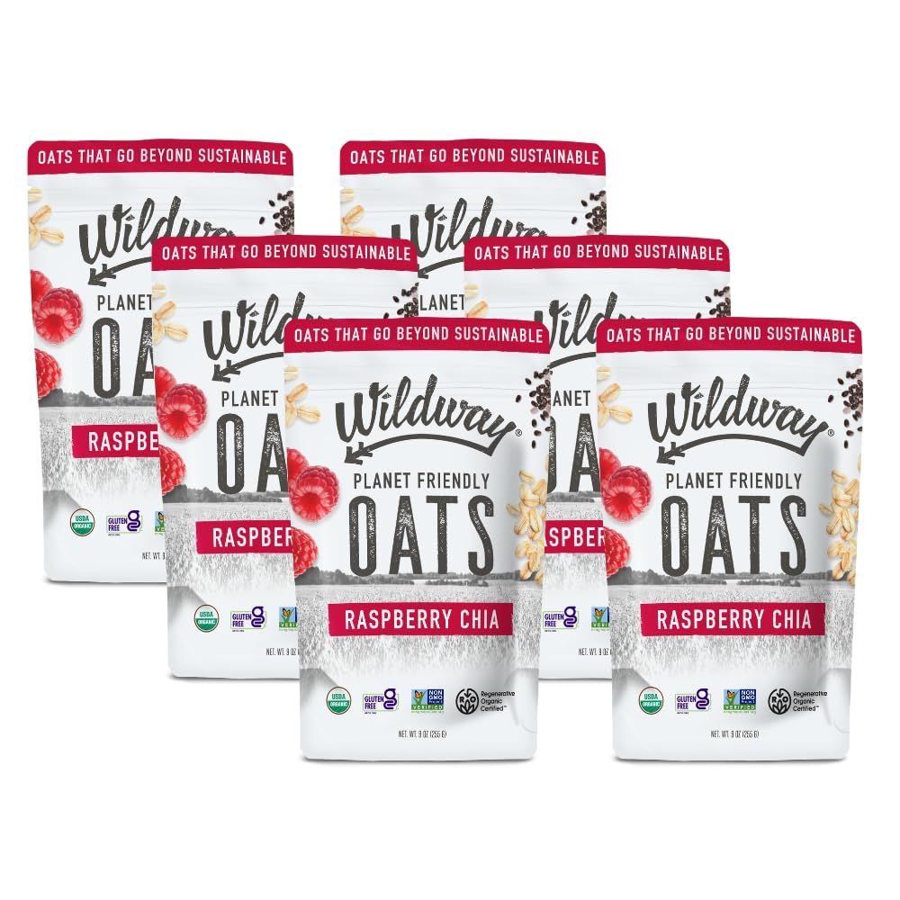 Wildway Organic Rolled Oats, Overnight Oats | Glyphosate-Free, Gluten-Free Oatmeal | Non-GMO, Plant-Based Protein | Regenerative, Sustainable, Traceable Organic Oats | Raspberry Chia | 9 Oz, Pack of 6