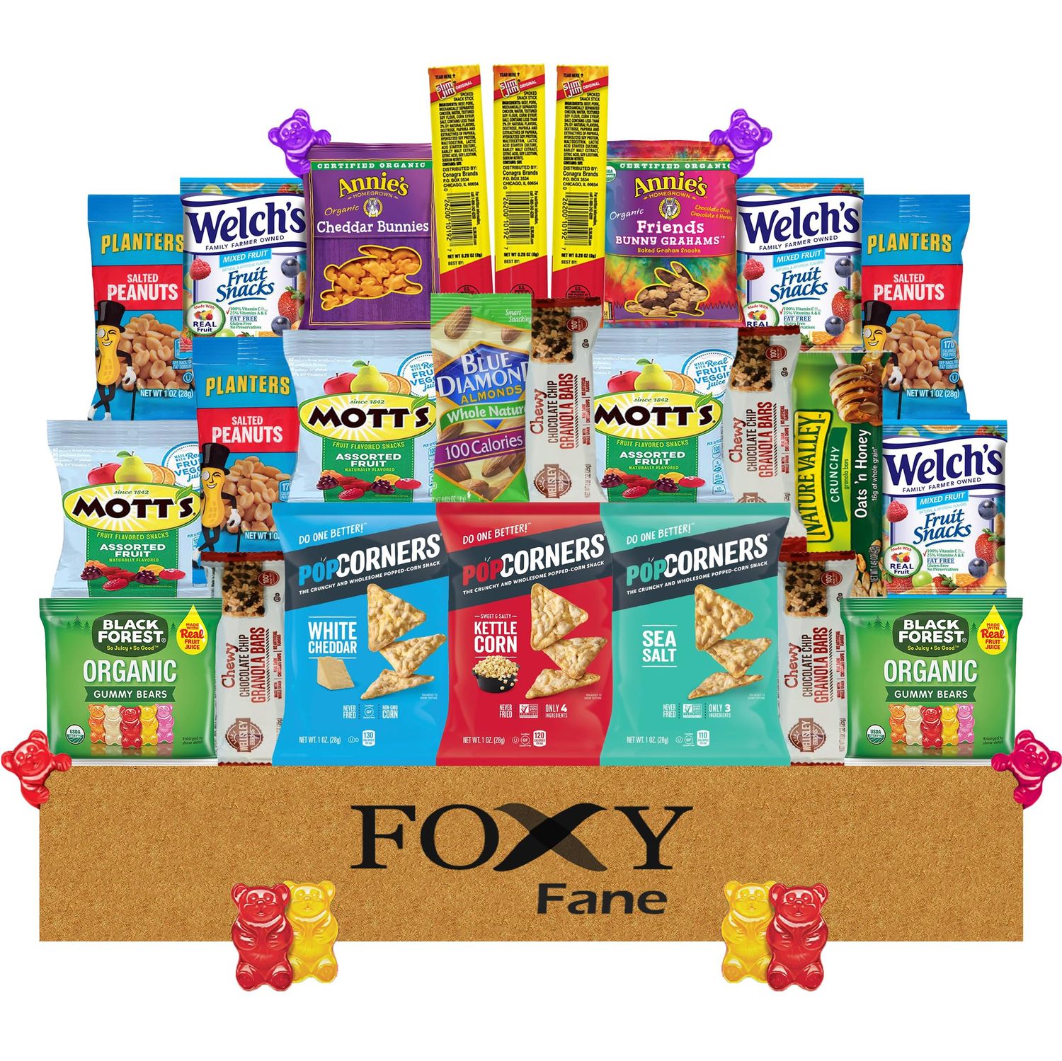 Foxy Fane 25 count Healthy Snack Box - Premium Holiday, Christmas &amp; New Year Gift Care Package with Variety of Nuts, Crackers, Bars &amp; more - Bulk Bundle of Delicious Treats (Variety Pack of 25 Snacks)