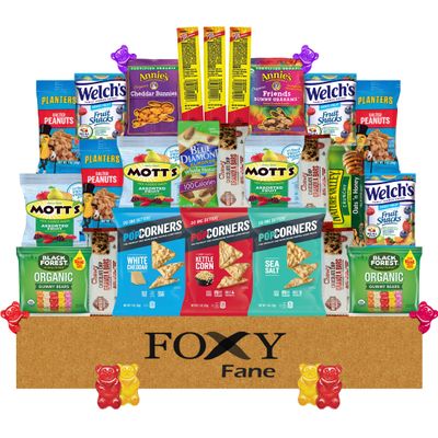 Foxy Fane 25 count Healthy Snack Box - Premium Holiday, Christmas &amp; New Year Gift Care Package with Variety of Nuts, Crackers, Bars &amp; more - Bulk Bundle of Delicious Treats (Variety Pack of 25 Snacks)