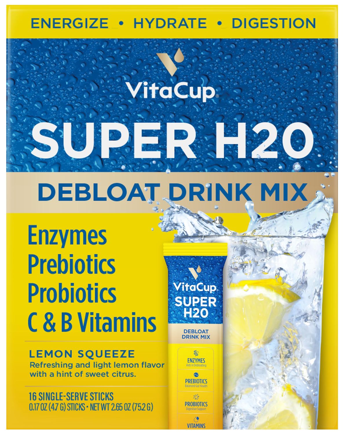 VitaCup Super H2O Bloating Relief and Digestive Health Drink Mix Packets, Probiotics, Prebiotics, C &amp; B Vitamins, Lemon Flavor Water Enhancer Packets, 16 ct