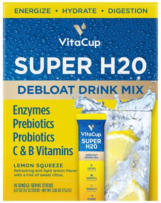 VitaCup Super H2O Bloating Relief and Digestive Health Drink Mix Packets, Probiotics, Prebiotics, C &amp; B Vitamins, Lemon Flavor Water Enhancer Packets, 16 ct