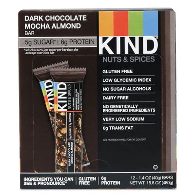 KIND Bars, Dark Chocolate Mocha Almond, Healthy Snacks, Gluten Free, Low Sugar, 5g Protein, 12 Count