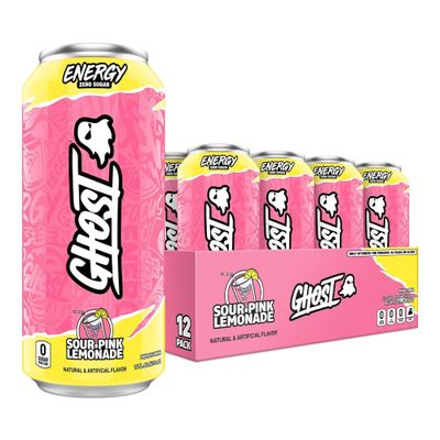 GHOST Energy Drink - 12-Pack, Sour Pink Lemonade, 16oz Cans - Energy &amp; Focus &amp; No Artificial Colors - 200mg of Natural Caffeine, L-Carnitine &amp; Taurine - Gluten-Free &amp; Vegan