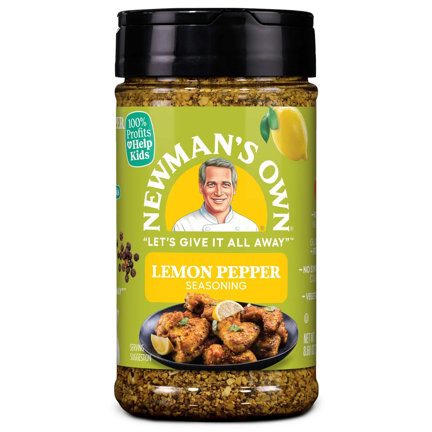 Newman&#39;s Own Lemon Pepper Seasoning; Great Zesty Flavor; Perfect Spices for Cooking Wings; No MSG, Gluten Free; Kosher; 8.68 Oz. Bottle