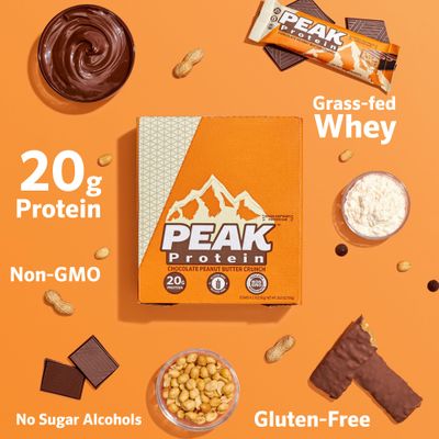 PEAK PROTEIN BARS - Chocolate Peanut Butter Crunch - Natural - Grass-Fed Whey - 20G Protein - Non-GMO - Gluten Free - Organic Milk Chocolate (12 Bars)