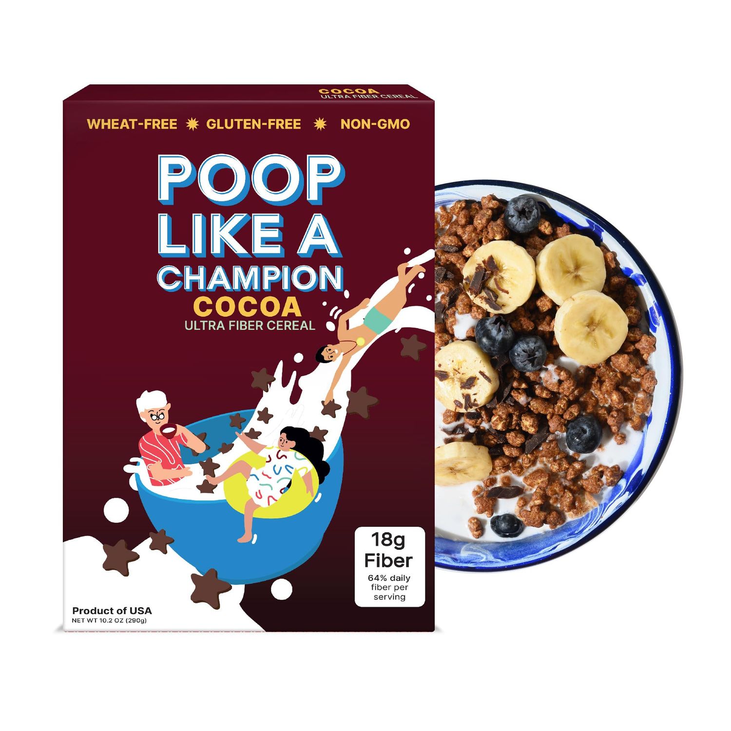 Chocolate High Fiber Cereal 18g Fiber | Gluten Free Healthy Bran Cereal | Poop Like A Champion Cocoa Cereal - Healthy Cereal with Soluble Fiber &amp; Psyllium Husk | Non GMO | Constipation Relief