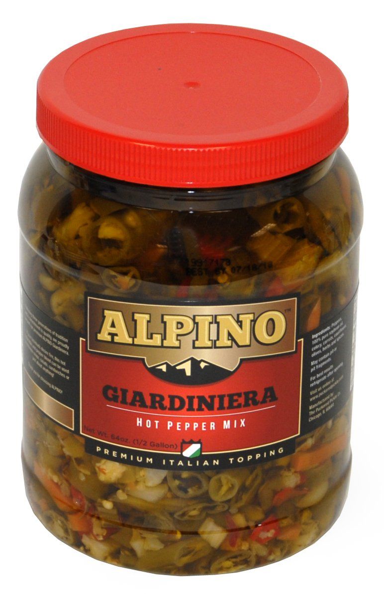 Alpino Giardiniera Hot Pepper Mix - Premium Italian Topping - 64oz (1/2 gallon)