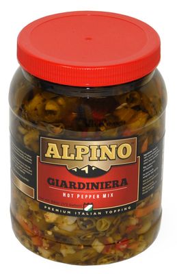 Alpino Giardiniera Hot Pepper Mix - Premium Italian Topping - 64oz (1/2 gallon)