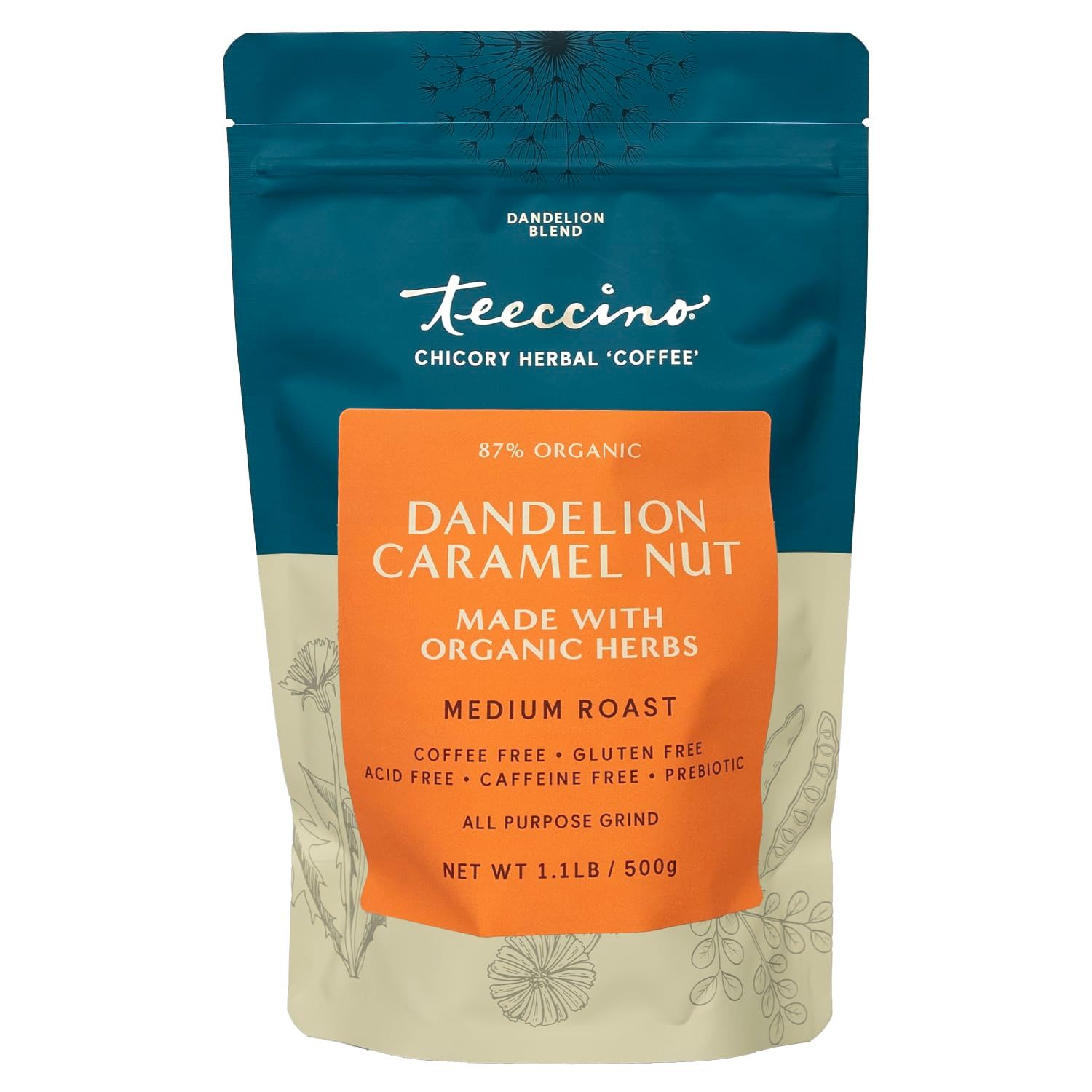 Teeccino Dandelion Caramel Nut Herbal Coffee, 1.1 Pound - Caffeine-Free Coffee Alternative with Prebiotics, Gluten Free, Acid Free - Medium Roast