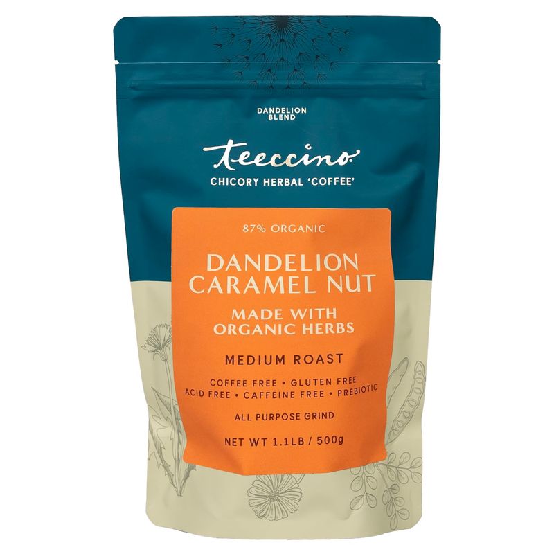 Teeccino Dandelion Caramel Nut Herbal Coffee, 1.1 Pound - Caffeine-Free Coffee Alternative with Prebiotics, Gluten Free, Acid Free - Medium Roast