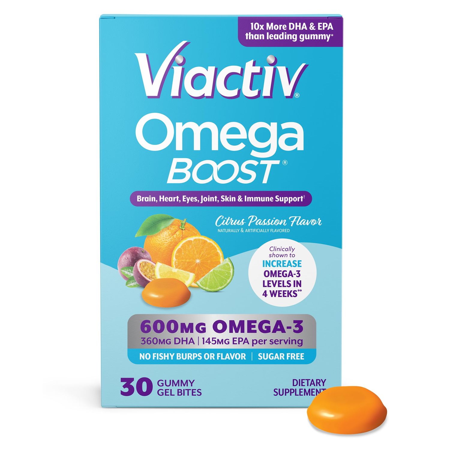 Viactiv Omega 3 Fish Oil Gummies. EPA DHA Supplement for Heart Health and Brain Health, 30 Sugar Free Gummy Vitamins, 1pc Serving