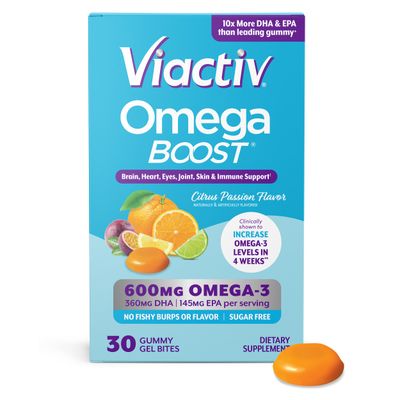 Viactiv Omega 3 Fish Oil Gummies. EPA DHA Supplement for Heart Health and Brain Health, 30 Sugar Free Gummy Vitamins, 1pc Serving